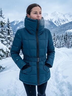 Danier Women's Dark Green Teal Funnel Neck Down Puffer Jacket With Belt S
